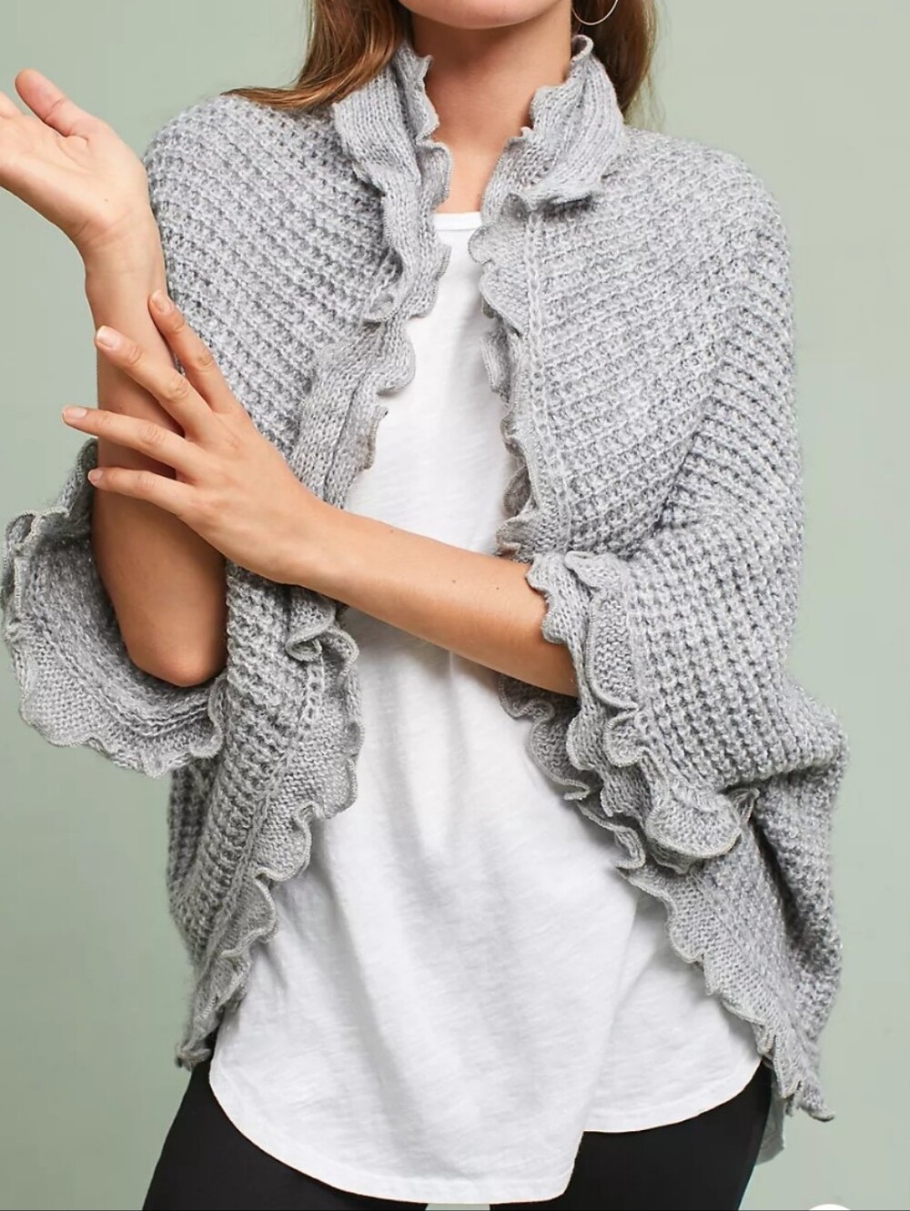 Moth Anthropologie  Light Gray Ruffle-Trim Texture  Open Cardigan Size Small